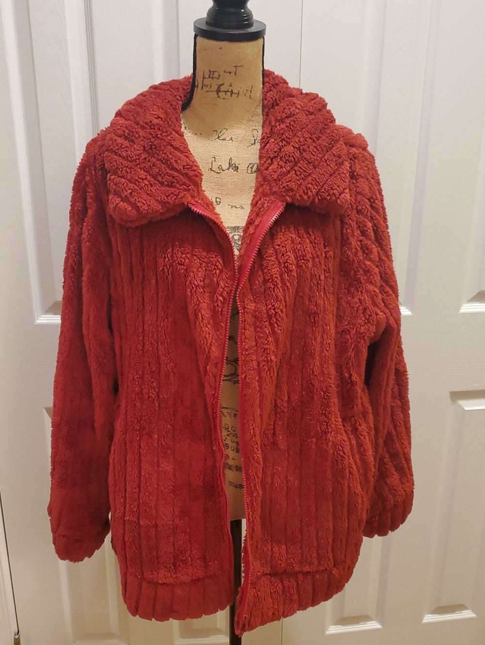 Plush Zip-Up Teddy Jacket in Rust Red